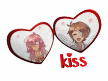 a couple of heart shaped glasses with the word kiss on the bottom