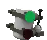 a 3d rendering of a robot with a green eye and a sword on a white background .
