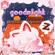 a picture of a cat sleeping with the words goodnight written on it
