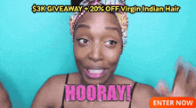 a woman with a head scarf on her head says hooray