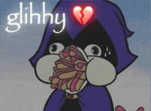 a cartoon character with a broken heart and the words glihhy above him