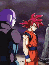 a cartoon of a man with a purple helmet standing next to a man with red hair