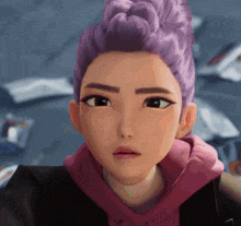 a girl with purple hair is wearing a pink hoodie and a black jacket