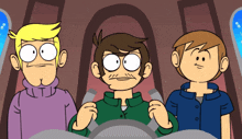 three cartoon characters are sitting next to each other and one of them is holding a steering wheel