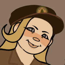 a cartoon drawing of a woman wearing a hat with an a logo on it