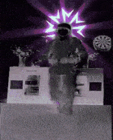 a black and white drawing of a person with a purple light behind them