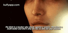 a close up of a woman 's face with a quote written on it .