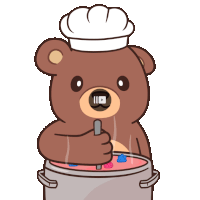 a cartoon bear wearing a chef 's hat is stirring a pot of food