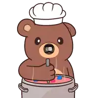 a cartoon bear wearing a chef 's hat is stirring a pot of food