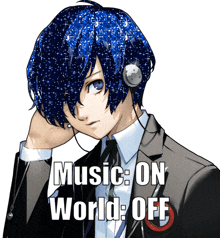a man with blue hair is wearing headphones and the words music on world off