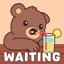 a cartoon of a teddy bear sitting at a table with a drink and the word waiting below it