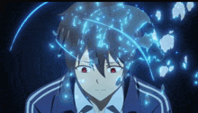 a boy with red eyes and a blue jacket is surrounded by blue lights