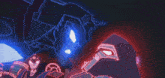 a cartoon drawing of a robot with blue and red lights on it