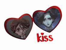 a couple of heart shaped frames with the word kiss in red