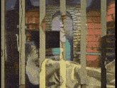 a painting of a man behind bars with a brick wall in the background