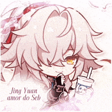 a drawing of jing yuan amor do seb holding a drink