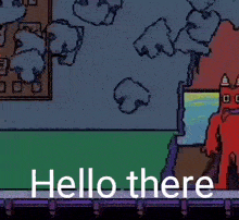 a cartoon of a red monster with horns and the words `` hello there ''