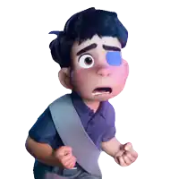 a cartoon boy with a blue patch on his eye looks scared