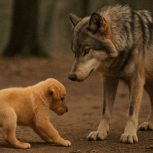 a wolf and a puppy are looking at each other in the dirt
