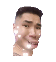 a close up of a man making a funny face with hearts around his face