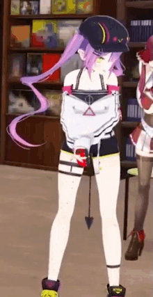 a girl with purple hair and a hat is standing in front of a bookshelf in a room .