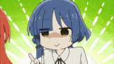 a cartoon of a girl with blue hair and a white shirt giving a peace sign