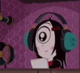 a cartoon character wearing headphones is looking at her phone