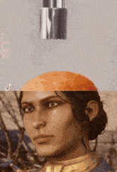 a picture of a woman 's face next to a picture of an orange and a tik tok logo