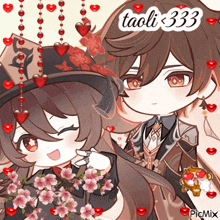 a picture of a boy and a girl with hearts and the name taoli 333