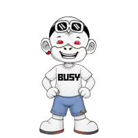 a cartoon character wearing a white shirt that says busy