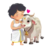 a cartoon of a boy hugging a cow with a heart on its head