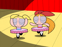 a couple of cartoon characters dancing on a stage with their eyes closed
