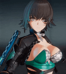 a girl with blue hair is holding a sword in her right hand
