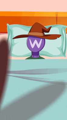 a cartoon character with a witch hat and the letter w on their head