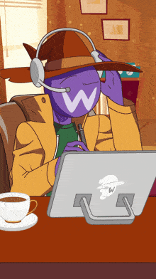a cartoon of a man wearing a hat and headphones sitting at a desk with a laptop