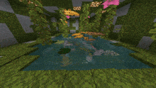 a bunch of axolotls are swimming in a pond in a minecraft game