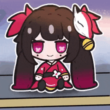 a cartoon of a girl wearing a red kimono and holding a ball