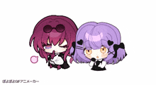 two anime girls with purple hair are standing next to each other with a white background