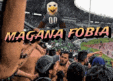 a mascot with the number 00 on it stands in front of a crowd of people