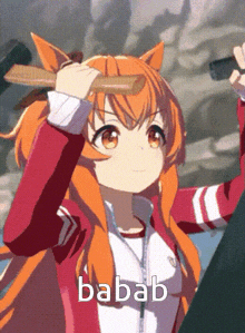 a girl with orange hair is holding a broom and the word babab is on the bottom right