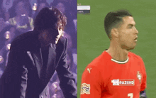a man in a suit next to a man in a red soccer jersey