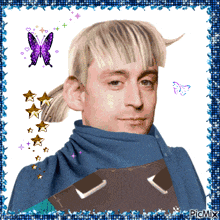 a picture of a man with a blue scarf around his neck has a purple butterfly and stars on it