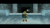 a video game character is holding a shield and sword