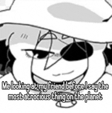 a black and white drawing of a cartoon character wearing sunglasses and a hat .