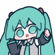 a drawing of hatsune miku with a cup in her hand giving a thumbs up