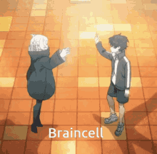 a couple of anime characters standing next to each other with the words braincell written on the bottom