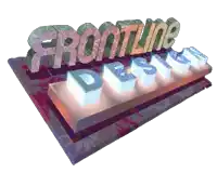 a sign that says frontline design is displayed on a table