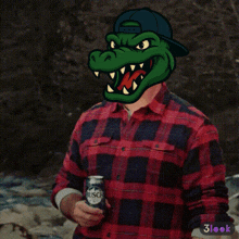a man in a plaid shirt holds a can of budweiser