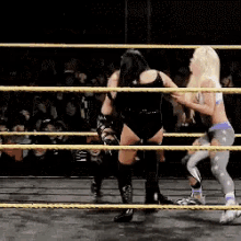 two women are fighting in a wrestling ring with a crowd watching