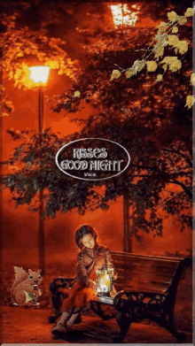 a picture of a girl sitting on a bench with a squirrel and the words kisses good night written above her